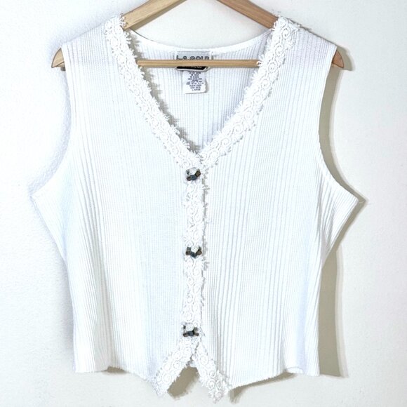 L.A. Gold Jackets & Blazers - Vtg 90s Sweater Vest Sz L Lace Flowers Ribbed Embellished Grannycore Cottagecore